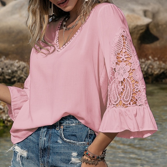 POL Crochet Lace Floral Oversized Blouse V-neck Dusty Rose Short Sleeve Casual Top main image 1